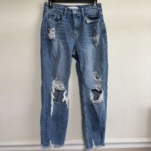 Flying Monkey Mom Jeans Womens 26‎ Blue Denim Distressed Ripped Frayed Mid-Rise